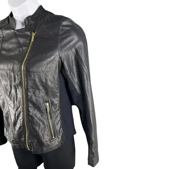 Calvin Klein Size 8 Vegan Black leather jacket gold hardware Asymmetrical Lined - Picture 9 of 16
